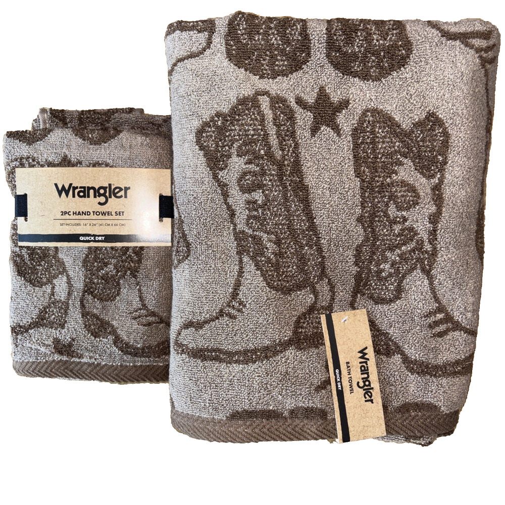 Wrangler Brown Boots Western Vintage Cowboy Cowgirl 2 Hand 2 Bath Towel Set NEW